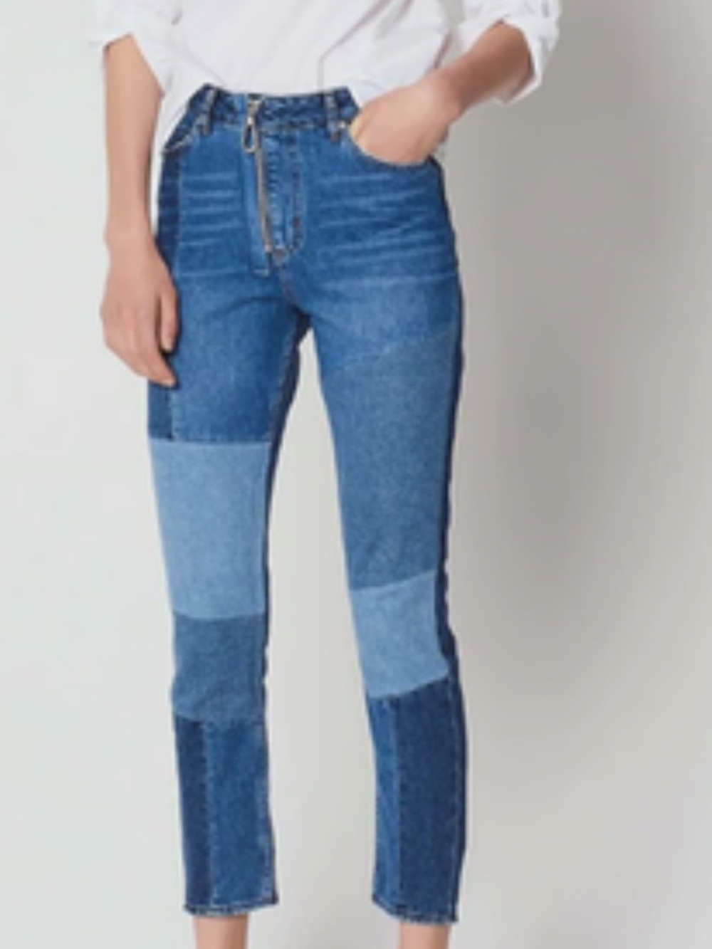 Sandro Patchwork High-Rise Ankle Jeans - Two-Tone Blue